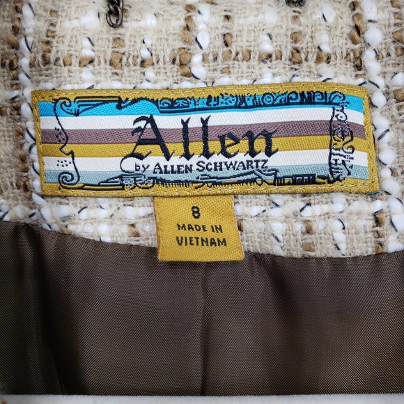 Y2K Allen by Allen Schwartz Tweed Blazer Jacket 8 Velvet Trim Vintage Tan Brown - Picture 3 of 9